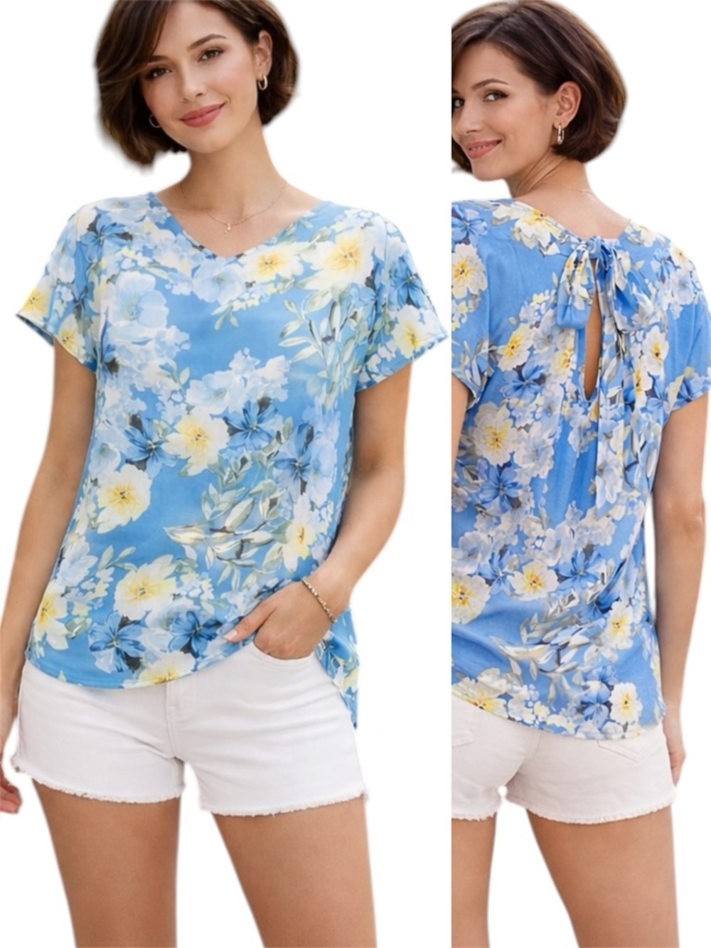 Nine West Floral Top Blue Yellow Short Sleeve  Casual Summer Preppy Blouse L